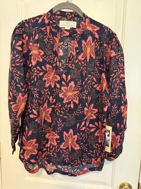 Trovata Birds of Paradise (Bailey) Navy Blouse with Coral Floral Print